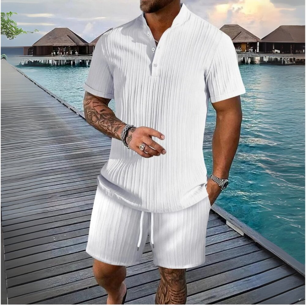 Men's White Short Sleeve Polo Top & Shorts Resort Outfit